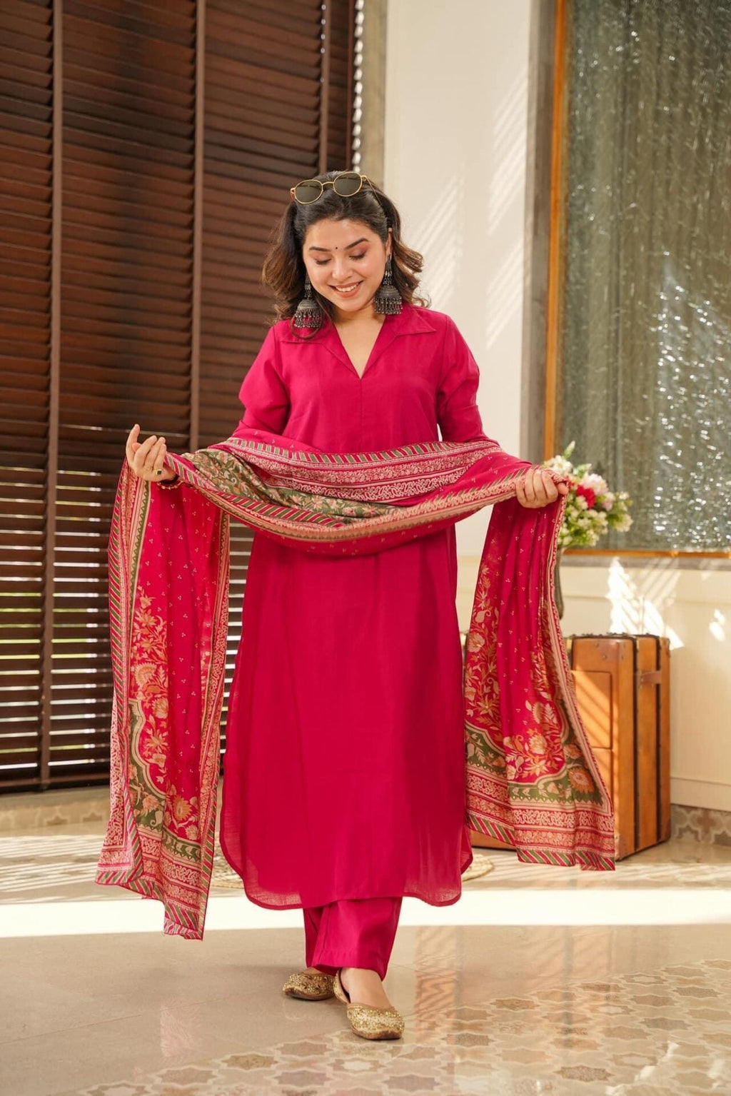 Women’s Red South Cotton Top-Bottom Set with Chanderi Silk Dupatta