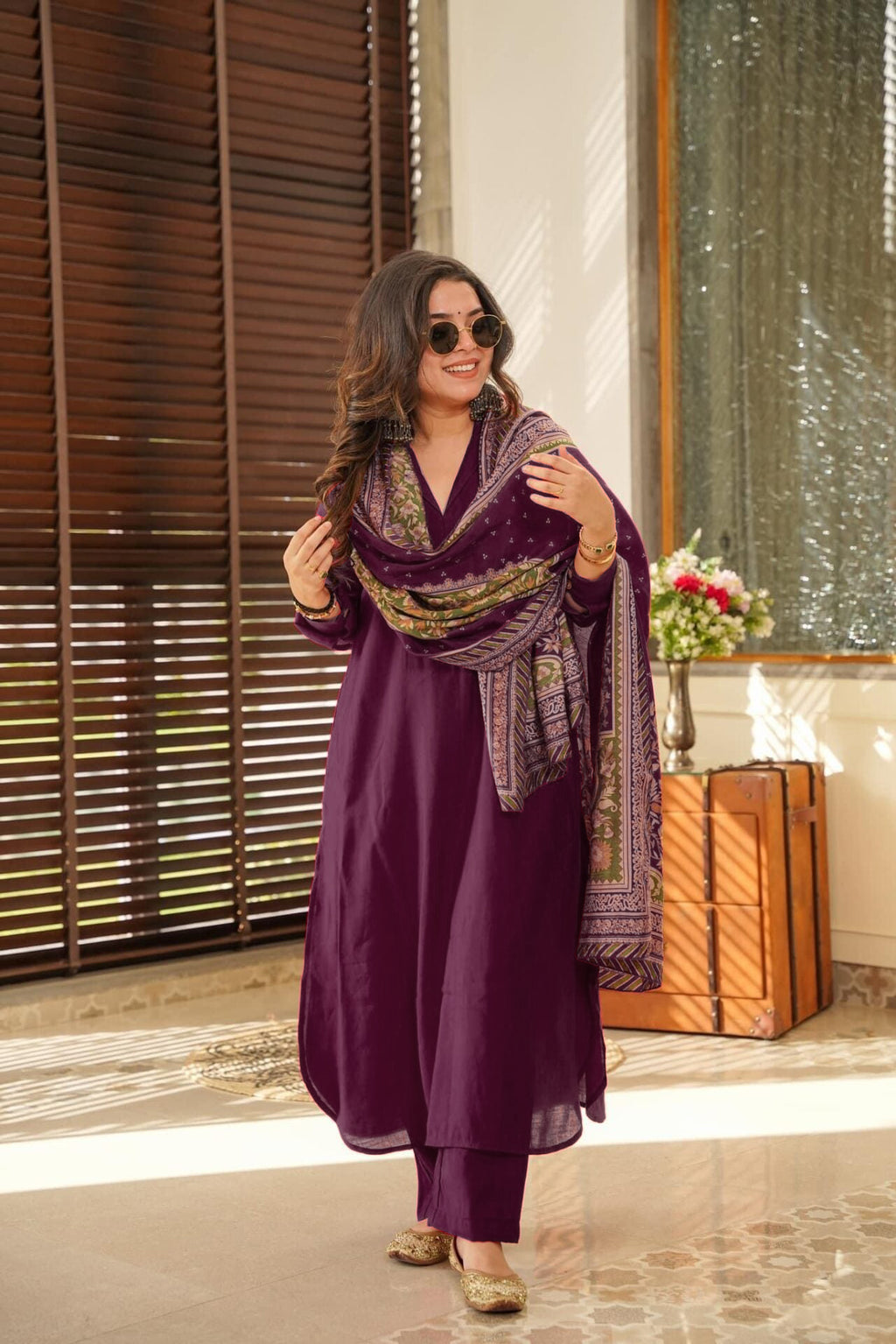 Women’s Wine South Cotton Top-Bottom Set with Chanderi Silk Dupatta