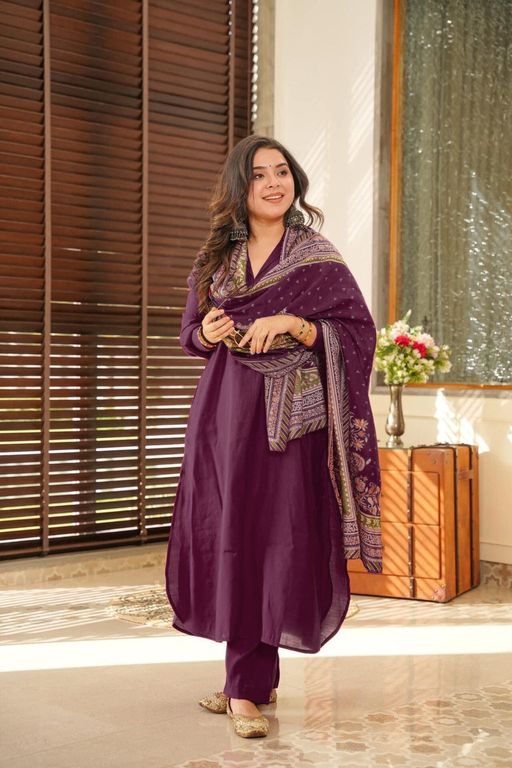 Women’s Wine South Cotton Top-Bottom Set with Chanderi Silk Dupatta