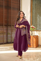 Women’s Wine South Cotton Top-Bottom Set with Chanderi Silk Dupatta
