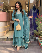 Women’s Grey Elegant Chinon Silk Embroidered Ensemble with Matching Dupatta