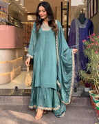 Women’s Grey Elegant Chinon Silk Embroidered Ensemble with Matching Dupatta