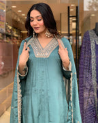 Women’s Grey Elegant Chinon Silk Embroidered Ensemble with Matching Dupatta