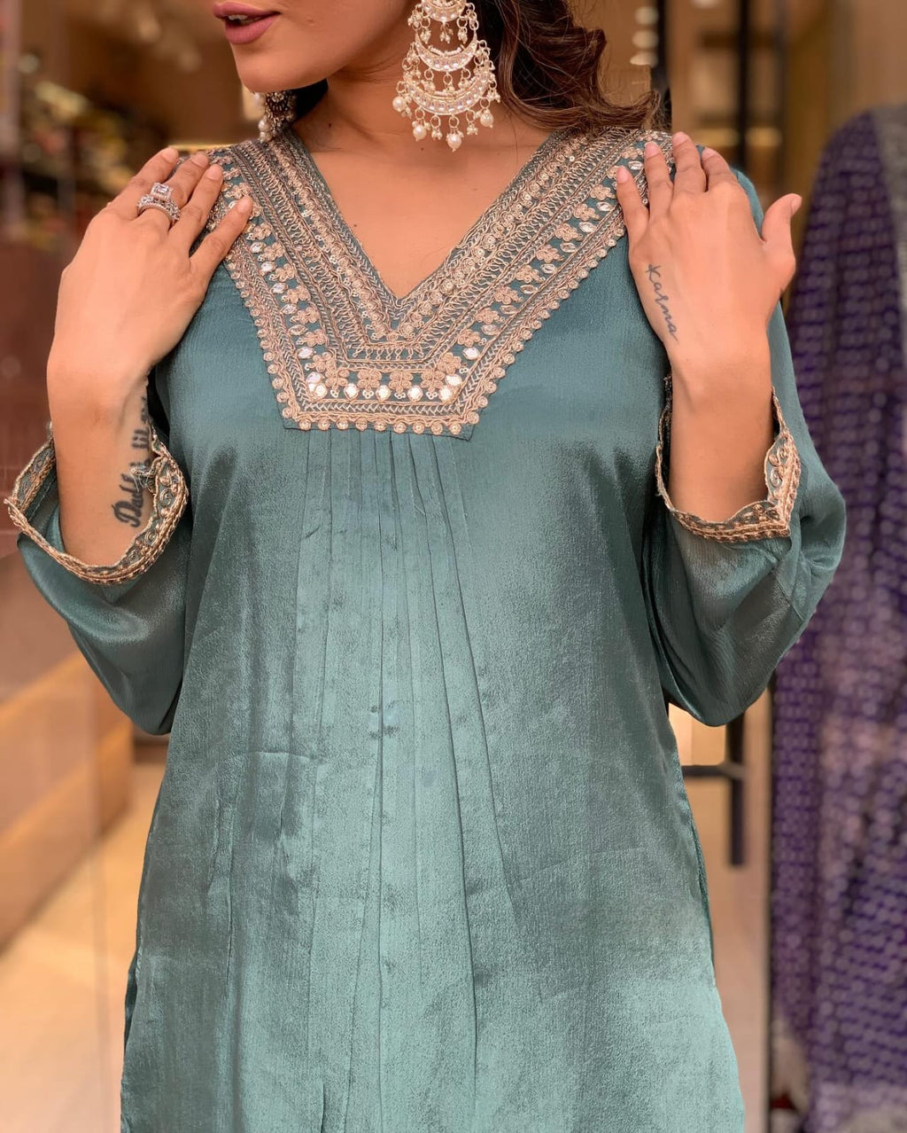 Women’s Grey Elegant Chinon Silk Embroidered Ensemble with Matching Dupatta