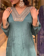Women’s Grey Elegant Chinon Silk Embroidered Ensemble with Matching Dupatta