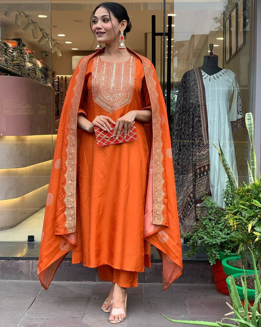 Women's Orange Silk Embroidered Kurta Set – Elegant & Festive Wear