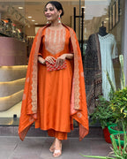 Women's Orange Silk Embroidered Kurta Set – Elegant & Festive Wear
