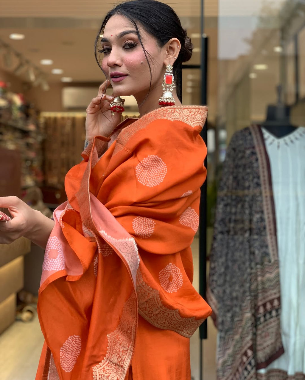Women's Orange Silk Embroidered Kurta Set – Elegant & Festive Wear