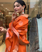 Women's Orange Silk Embroidered Kurta Set – Elegant & Festive Wear