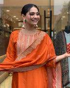 Women's Orange Silk Embroidered Kurta Set – Elegant & Festive Wear