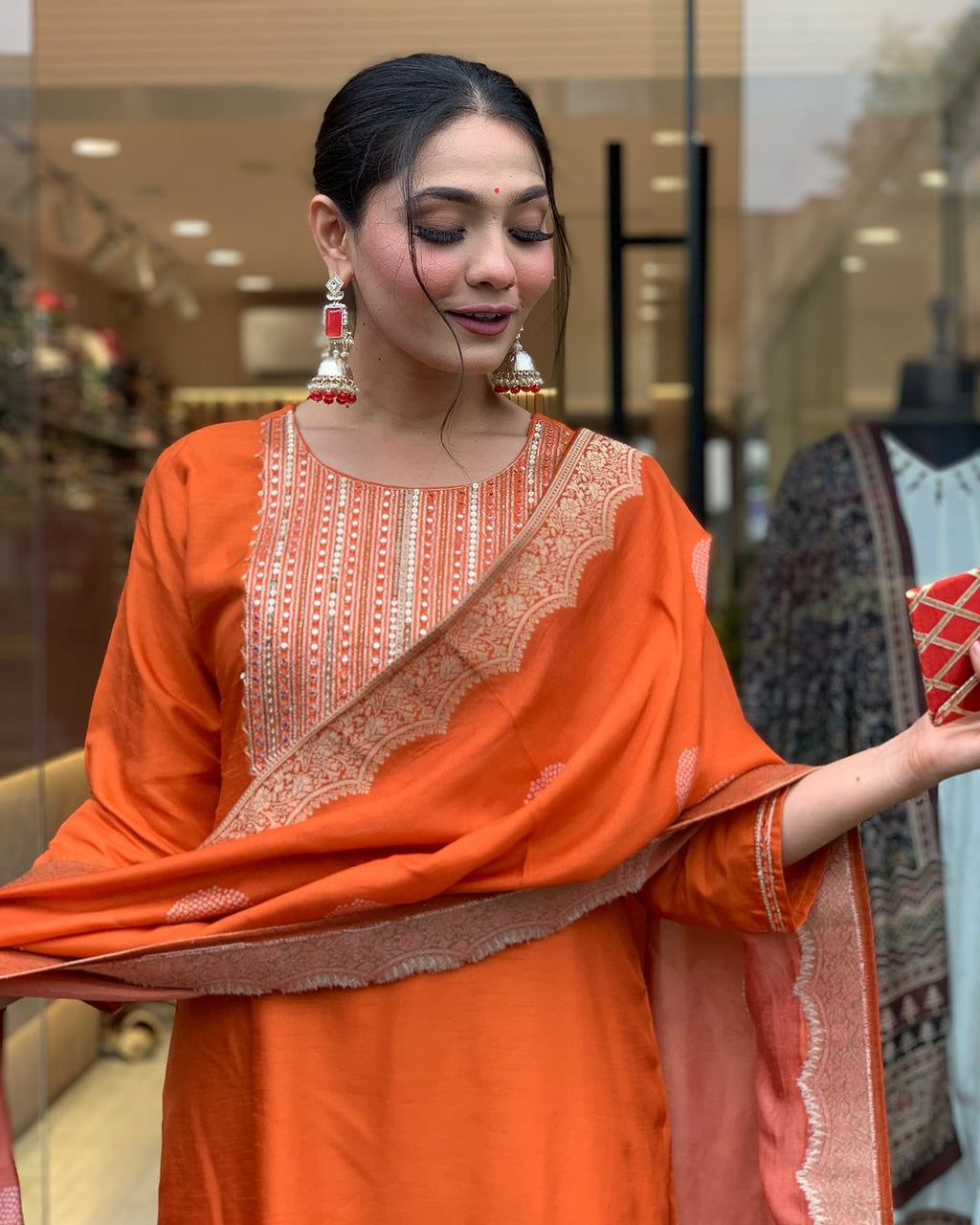 Women's Orange Silk Embroidered Kurta Set – Elegant & Festive Wear