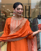 Women's Orange Silk Embroidered Kurta Set – Elegant & Festive Wear