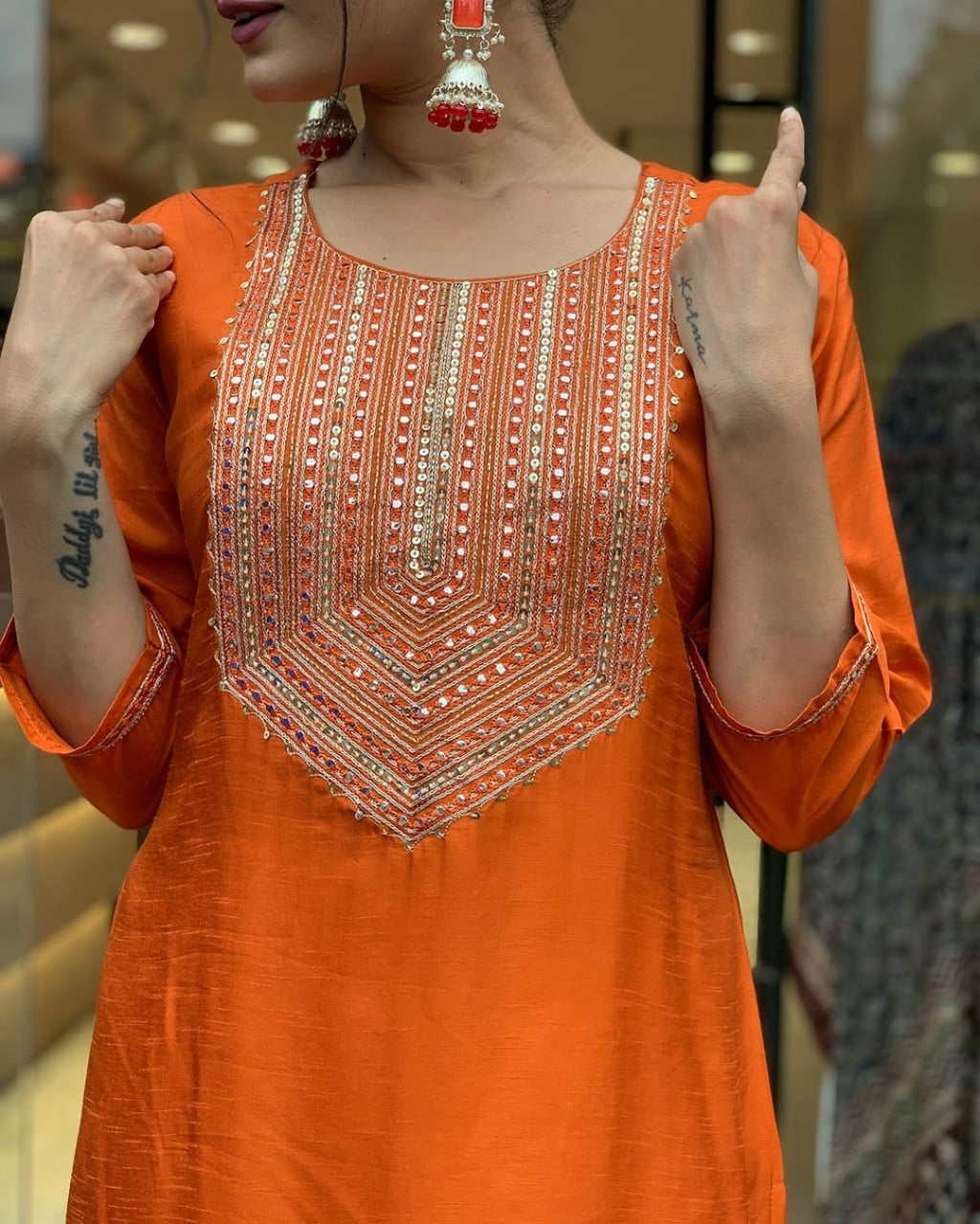 Women's Orange Silk Embroidered Kurta Set – Elegant & Festive Wear