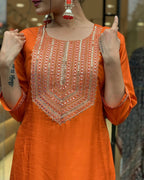 Women's Orange Silk Embroidered Kurta Set – Elegant & Festive Wear