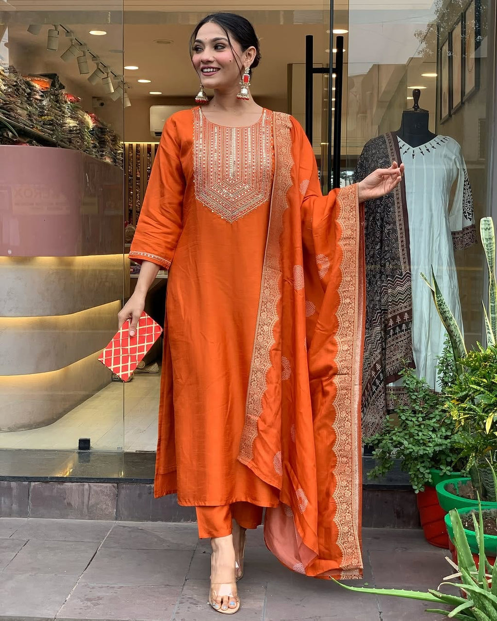Women's Orange Silk Embroidered Kurta Set – Elegant & Festive Wear