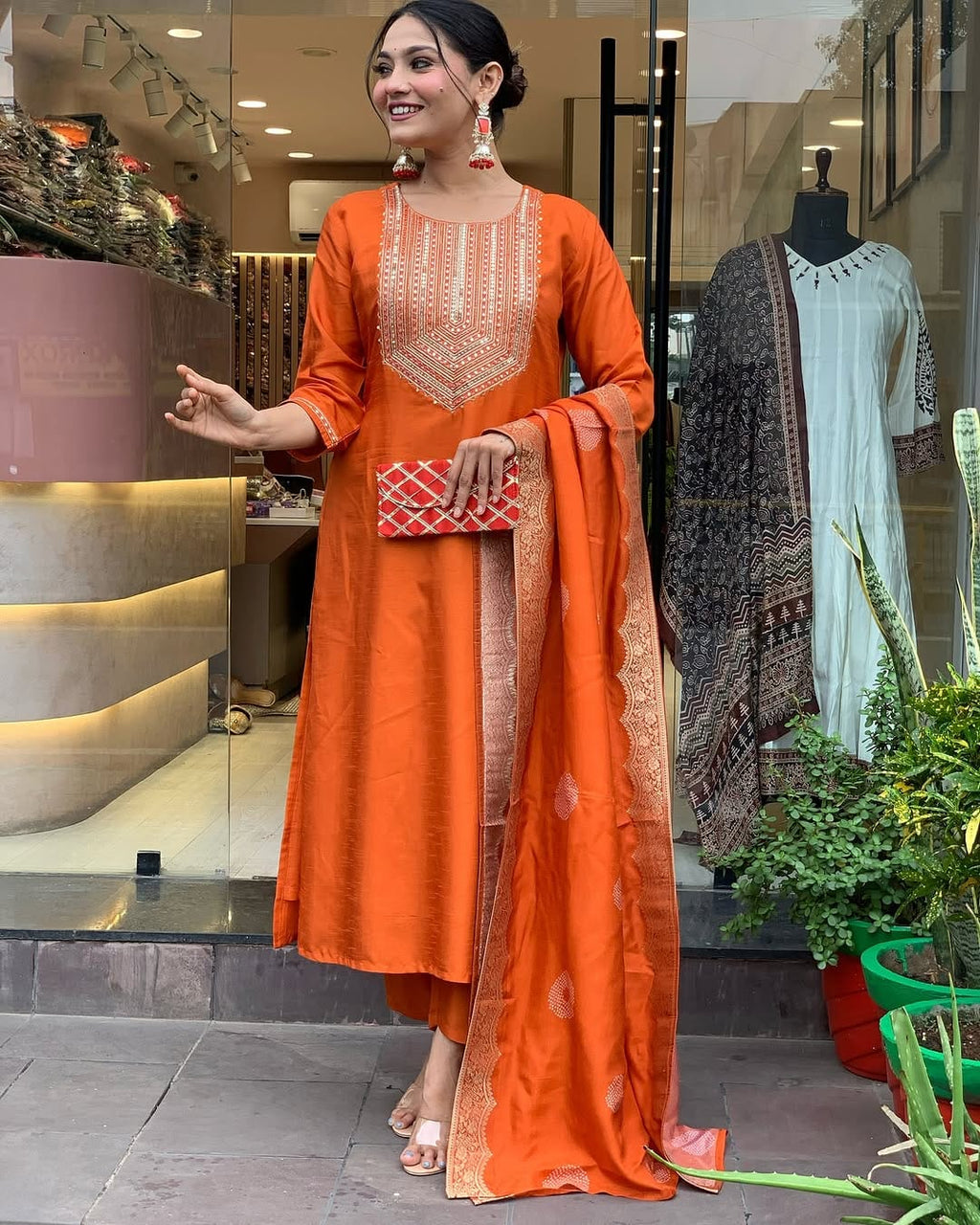 Women's Orange Silk Embroidered Kurta Set – Elegant & Festive Wear