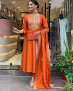 Women's Orange Silk Embroidered Kurta Set – Elegant & Festive Wear