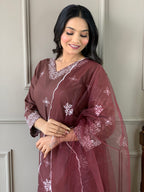 Women's Brown Slub Embroidered Kurta Set with Elegant Net Dupatta