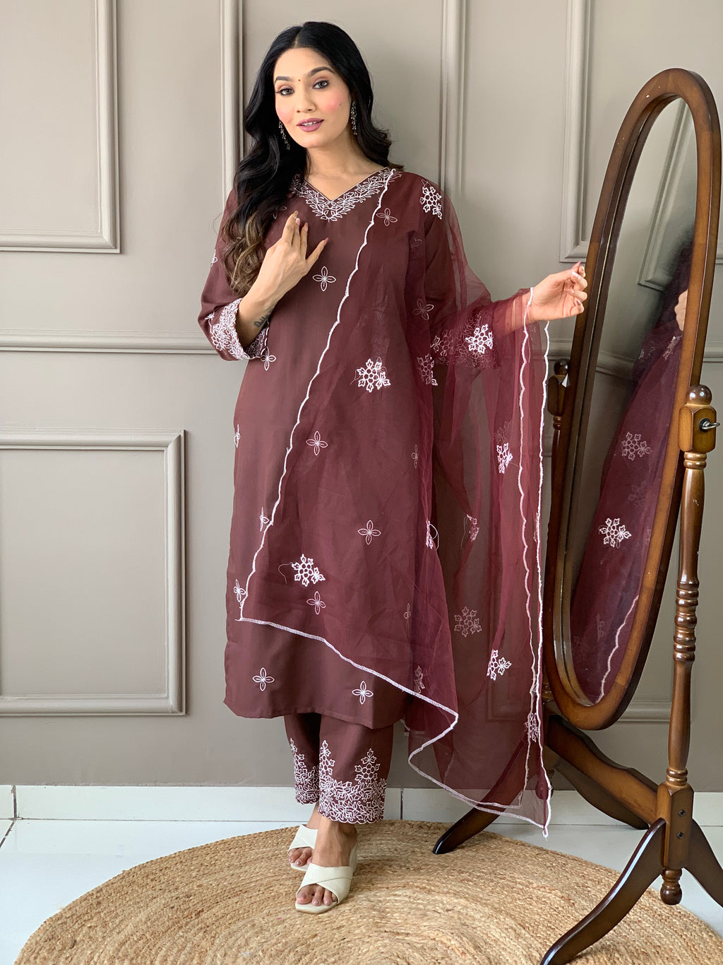 Women's Brown Slub Embroidered Kurta Set with Elegant Net Dupatta