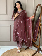 Women's Brown Slub Embroidered Kurta Set with Elegant Net Dupatta