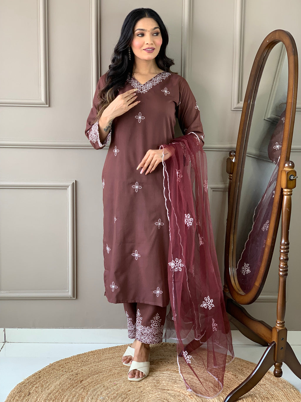 Women's Brown Slub Embroidered Kurta Set with Elegant Net Dupatta