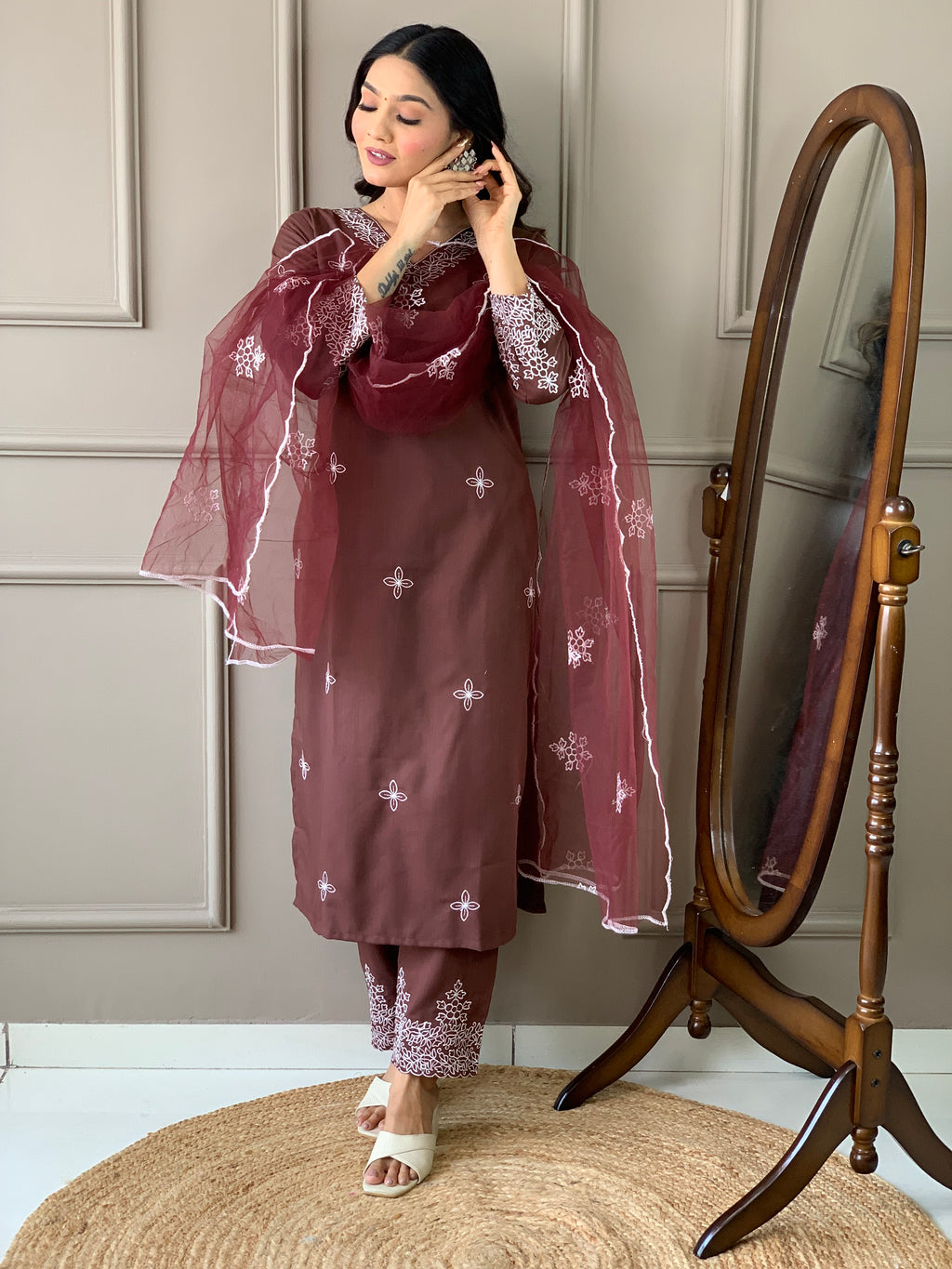 Women's Brown Slub Embroidered Kurta Set with Elegant Net Dupatta