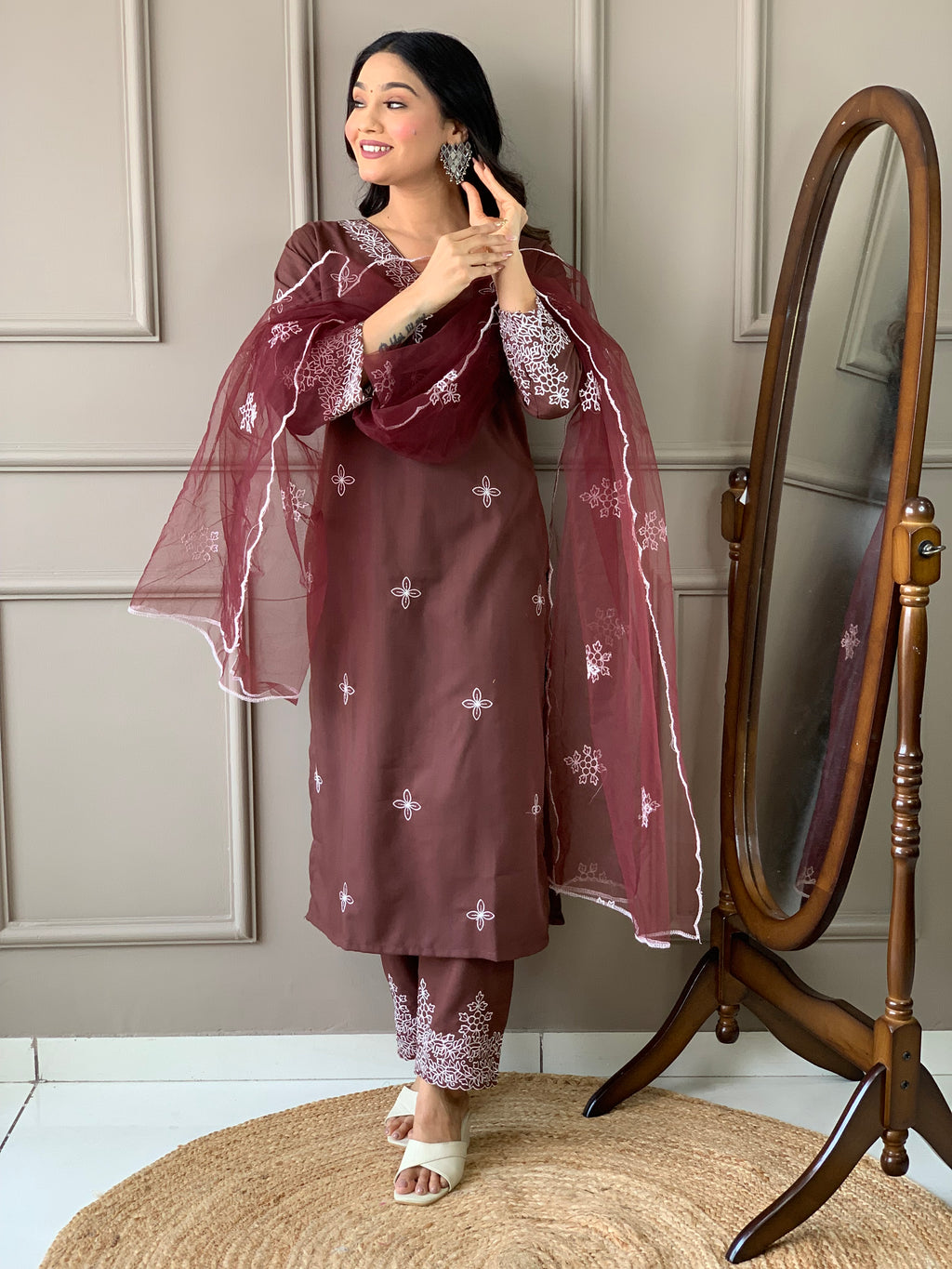 Women's Brown Slub Embroidered Kurta Set with Elegant Net Dupatta