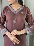 Women's Brown Slub Embroidered Kurta Set with Elegant Net Dupatta