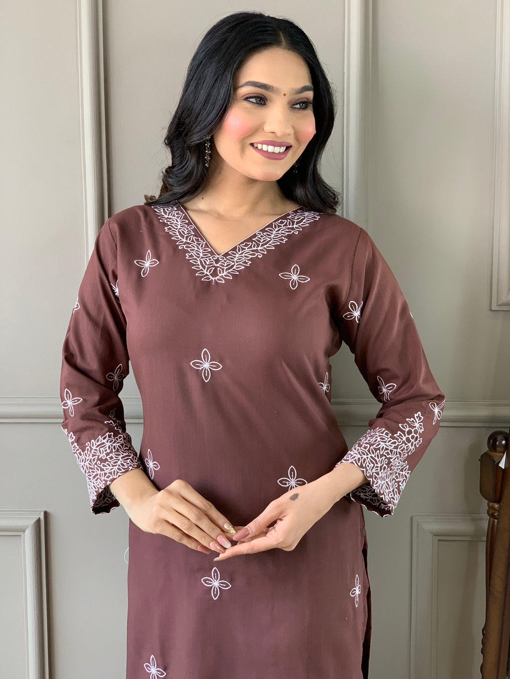 Women's Brown Slub Embroidered Kurta Set with Elegant Net Dupatta