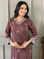 Women's Brown Slub Embroidered Kurta Set with Elegant Net Dupatta