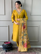 Women's Yellow Chanderi Embroidered Kurta Set with Rich Jacquard Dupatta