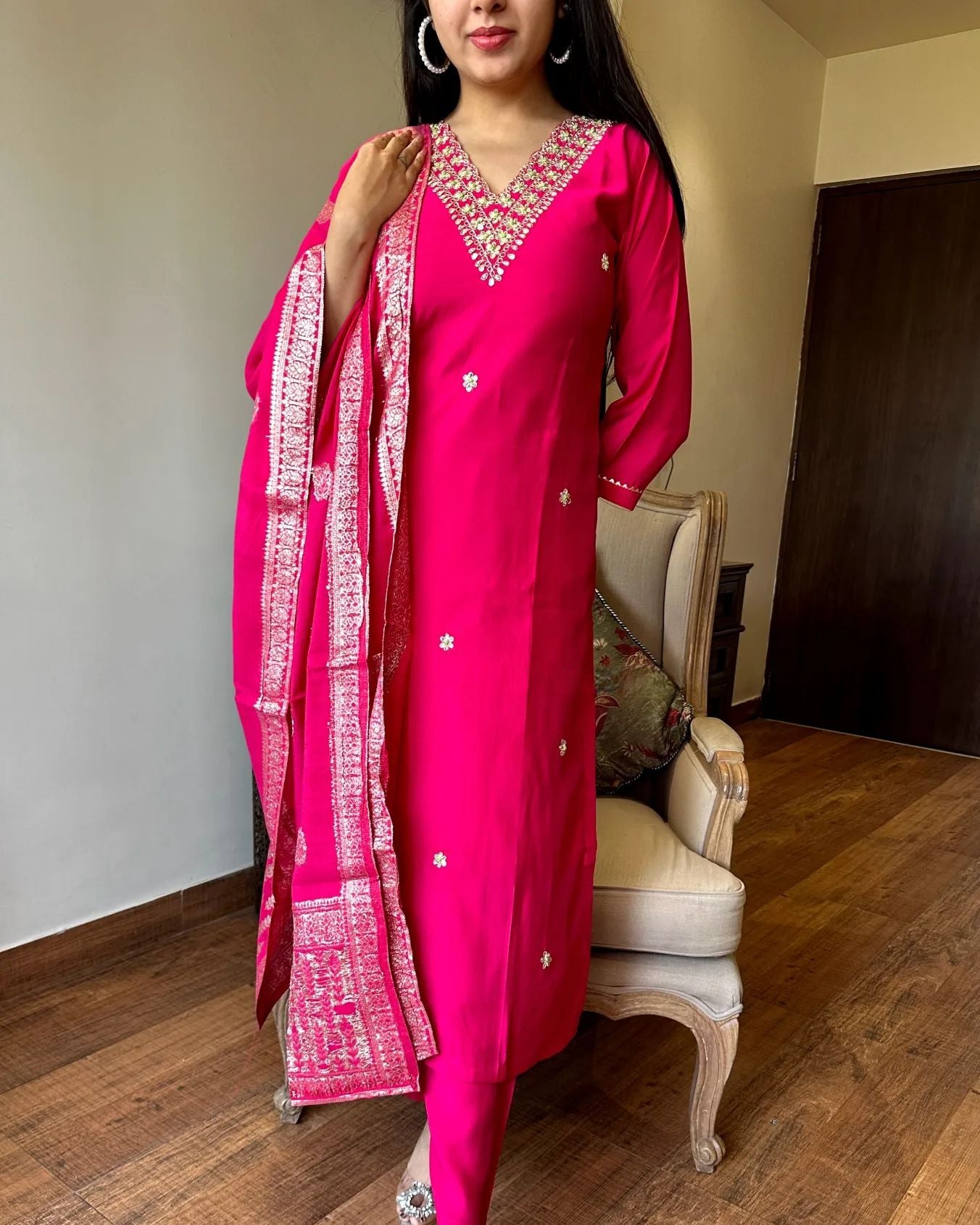 Women's Pink Embroidered Chanderi Silk Kurta Set – Graceful & Festive