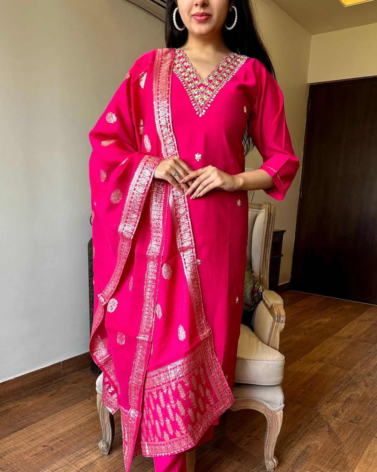 Women's Pink Embroidered Chanderi Silk Kurta Set – Graceful & Festive