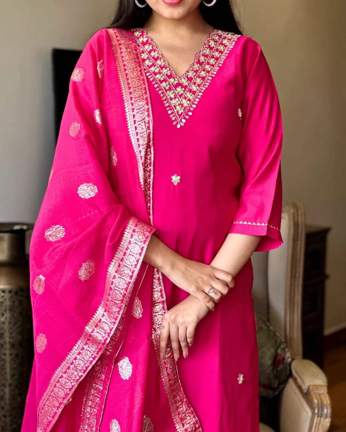 Women's Pink Embroidered Chanderi Silk Kurta Set – Graceful & Festive