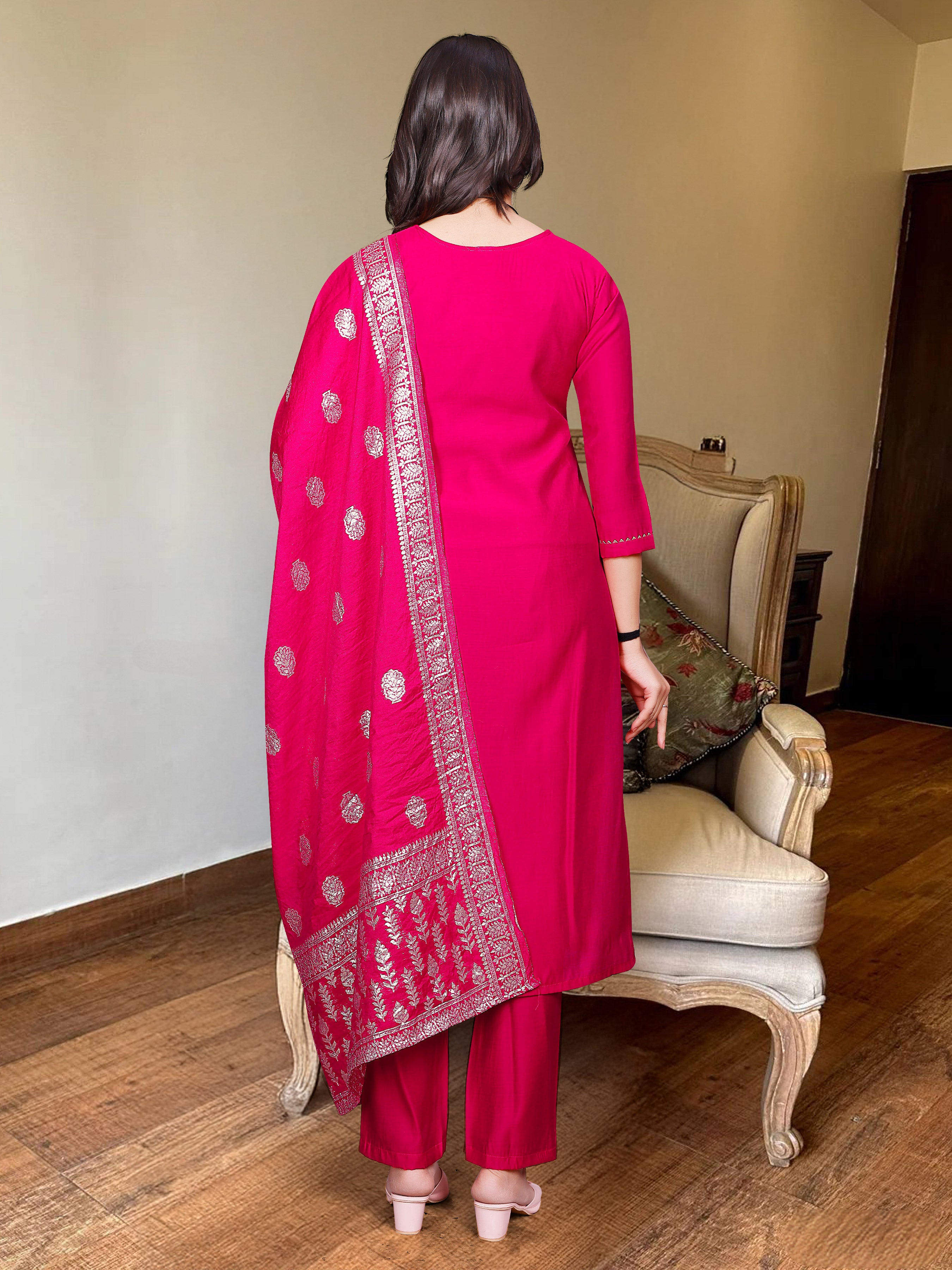 Women's Pink Embroidered Chanderi Silk Kurta Set – Graceful & Festive
