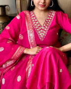 Women's Pink Embroidered Chanderi Silk Kurta Set – Graceful & Festive
