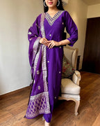 Women's Purple Embroidered Chanderi Silk Kurta Set – Graceful & Festive