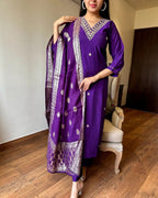 Women's Purple Embroidered Chanderi Silk Kurta Set – Graceful & Festive