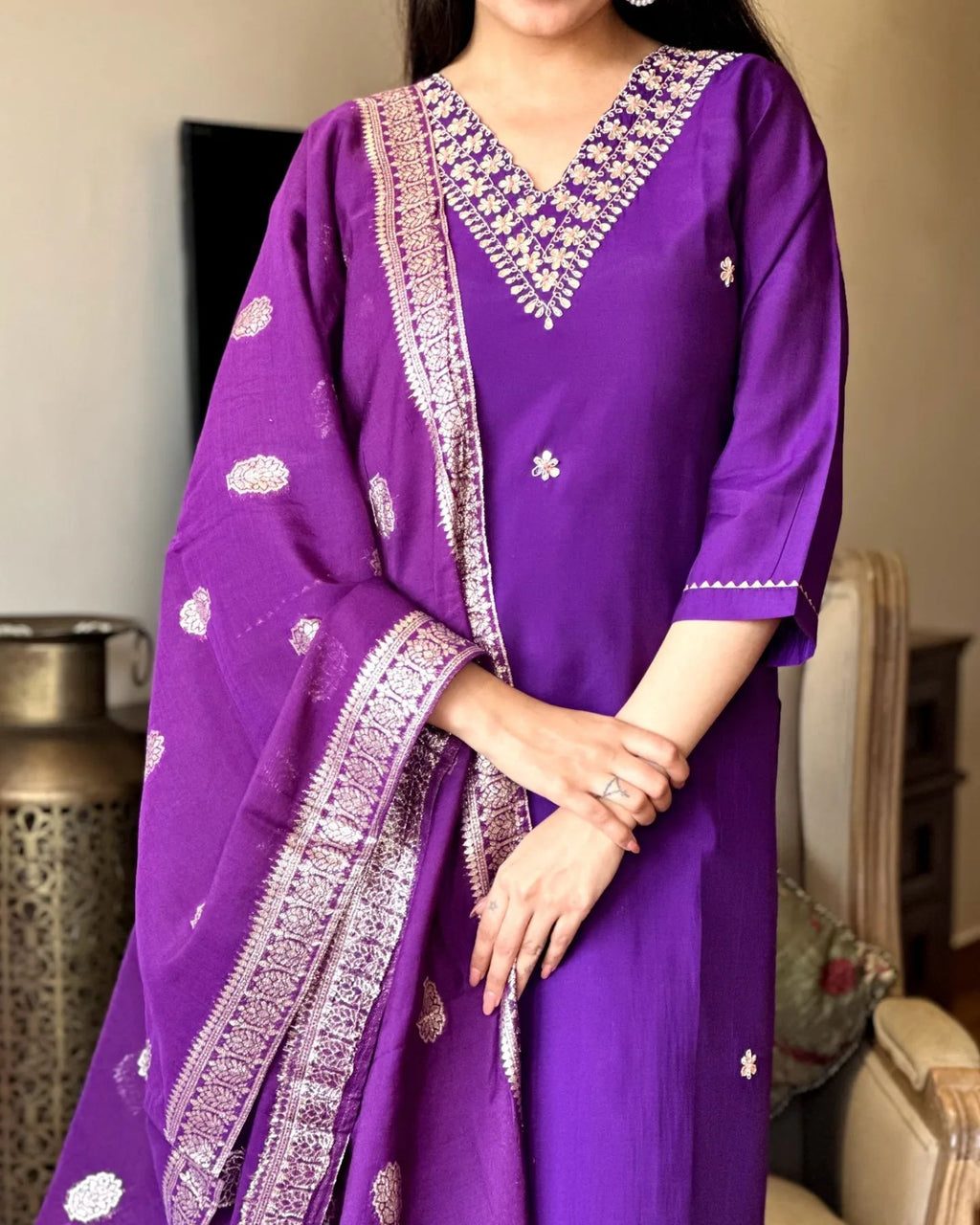Women's Purple Embroidered Chanderi Silk Kurta Set – Graceful & Festive