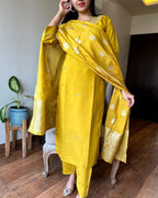 Women's Yellow Embroidered Chanderi Silk Kurta Set – Graceful & Festive