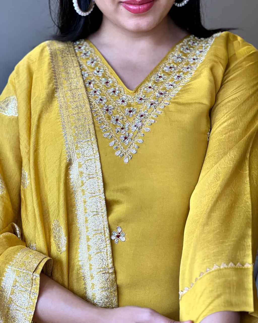 Women's Yellow Embroidered Chanderi Silk Kurta Set – Graceful & Festive