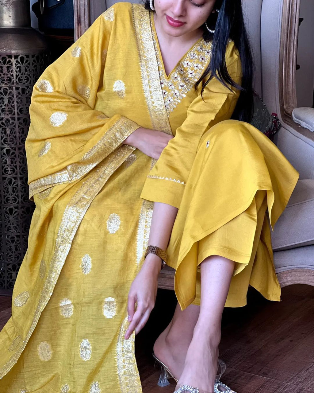 Women's Yellow Embroidered Chanderi Silk Kurta Set – Graceful & Festive