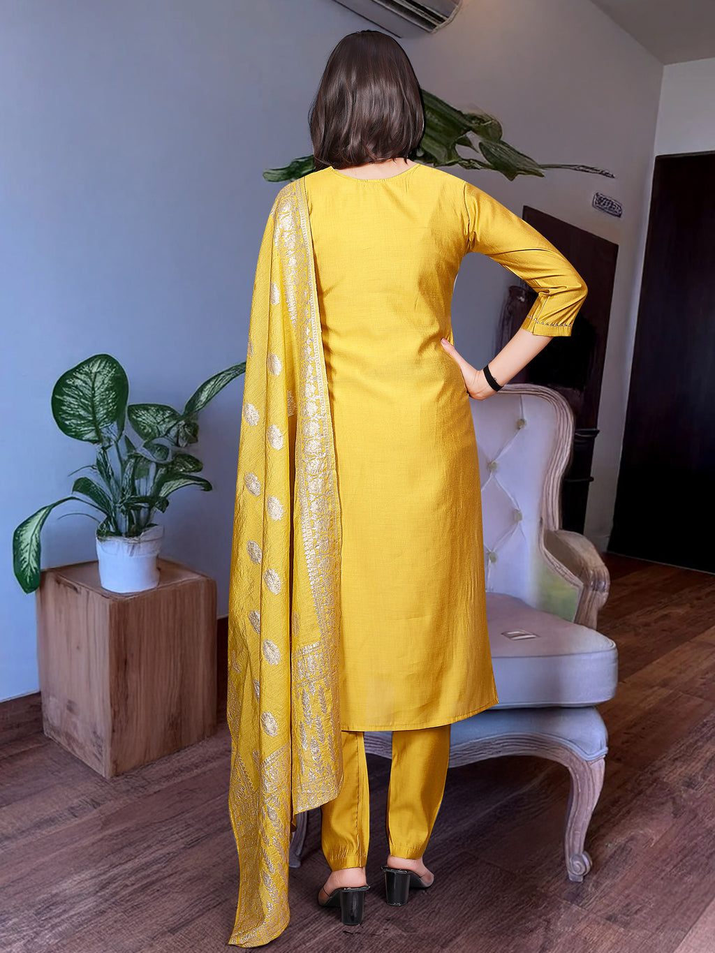 Women's Yellow Embroidered Chanderi Silk Kurta Set – Graceful & Festive