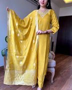 Women's Yellow Embroidered Chanderi Silk Kurta Set – Graceful & Festive
