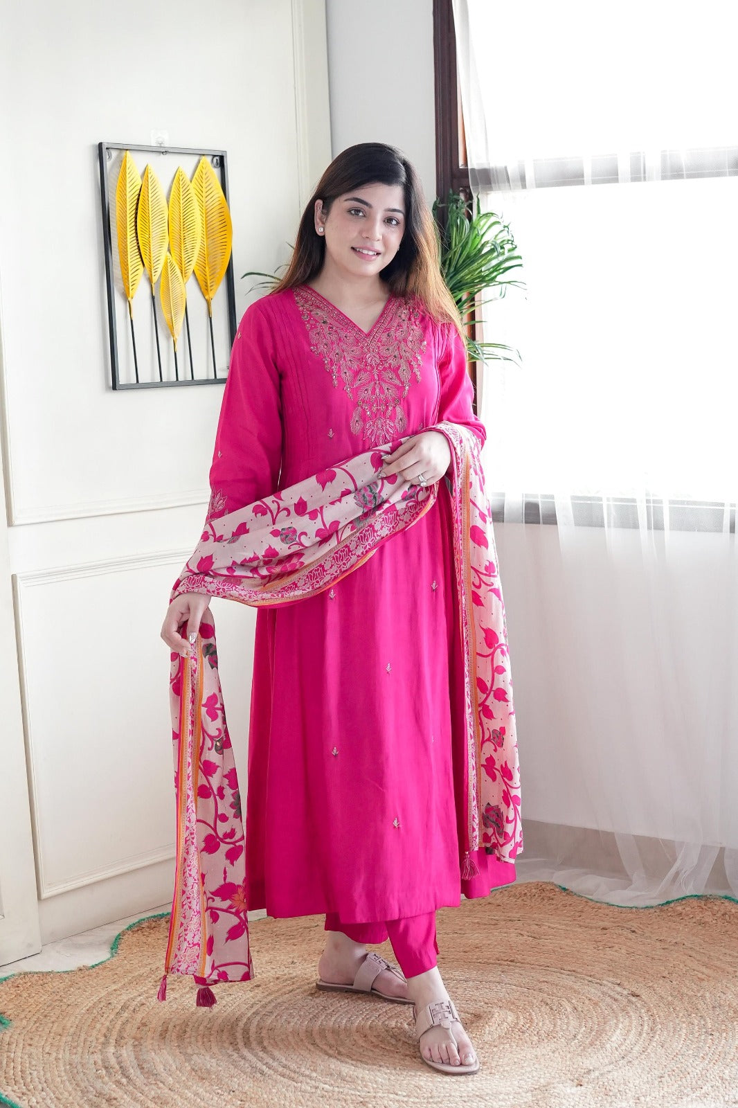 Elegant Pink Viscose Chanderi Embroidered Top with Bottom and Printed Chanderi Dupatta