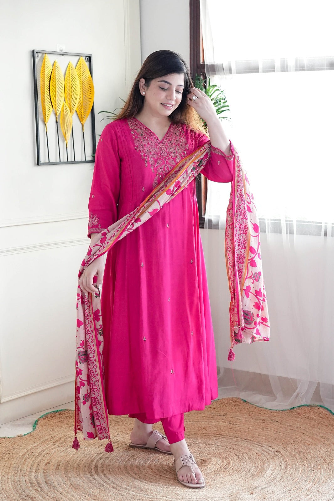 Elegant Pink Viscose Chanderi Embroidered Top with Bottom and Printed Chanderi Dupatta