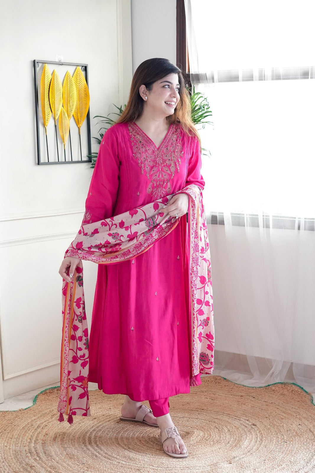 Elegant Pink Viscose Chanderi Embroidered Top with Bottom and Printed Chanderi Dupatta