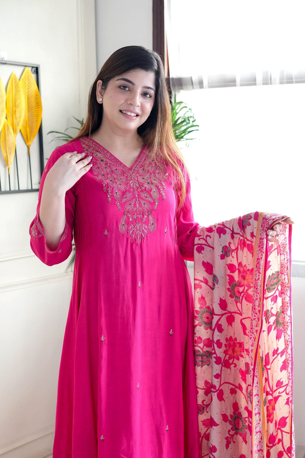 Elegant Pink Viscose Chanderi Embroidered Top with Bottom and Printed Chanderi Dupatta