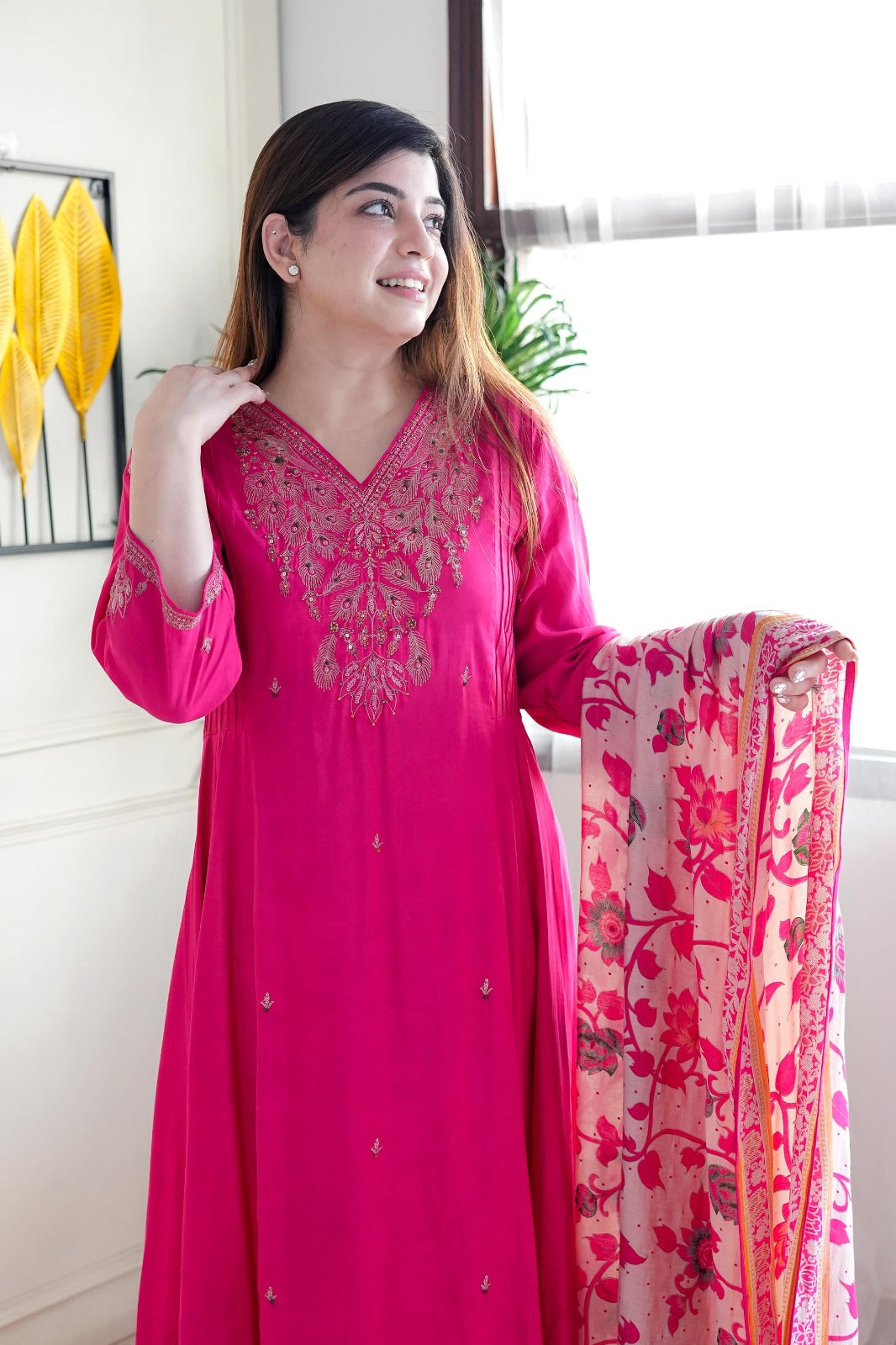 Elegant Pink Viscose Chanderi Embroidered Top with Bottom and Printed Chanderi Dupatta