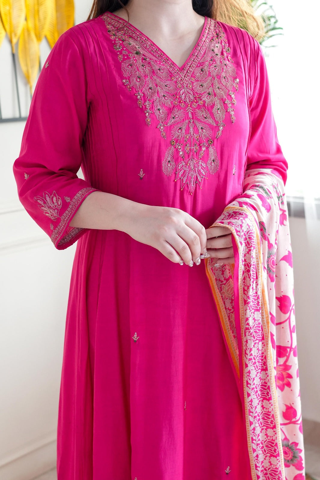 Elegant Pink Viscose Chanderi Embroidered Top with Bottom and Printed Chanderi Dupatta